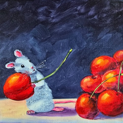Maus kirschen ölbild - kirschen, 20x20